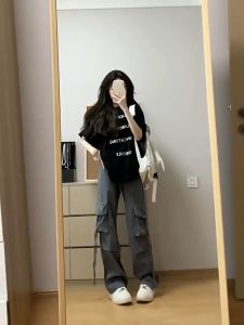 Overall Fungsional Banyak Saku Wanita Korea Overall Besar Tali Serut Bawah Kaki Lebar