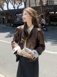 Caramel PU Leather Cardigan Jacket Womens Fashionable Versatile Autumn New Arrival Short Style round Neck Single Button Closure