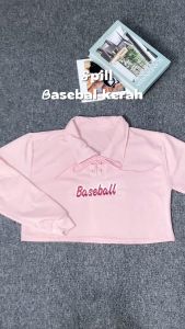 Baseball Bordier Sweater Crop Wanita Kerah Sweater Style Korea - Sweater Kerah Croope Tali Kerah Wanita Kekinian