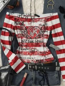 Womens Y2K Sweet 2000S Red Angel Heart Print Striped One Shoulder Long Sleeve T-Shirt Suitable for Back to School Season a g