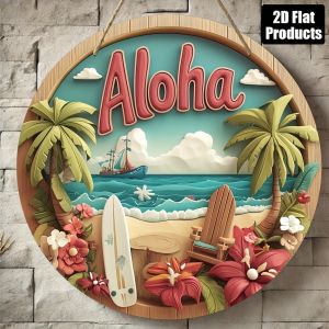Retro Aloha Tropical Landscape Art 2D Wooden round Plate - Palm Tree Surfboard & Hibiscus Flower Design Hawaiian-Themed Decor