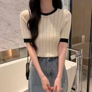 Summer new hollow ice silk knit sweater top short sleeve Western style fashion straight shoulder half sleeve T-shirt female F1163