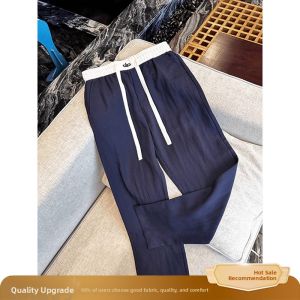 Paris Grey Mens Linen Pants Summer Thin Ice Silk Drape Straight Leg Loose Wide Leg Casual Trousers Breathable Comfortable