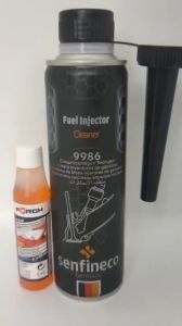 TẨY SẠCH CẶN BẨN BÁM ĐẦU PHUN XĂNG HIỆU SENFINECO 9986 VÀ CHAI PHA NƯỚC GẠT KÍNH FORCH R535 (Fuel Injector Cleaner 9986 300ml and Windshield Cleaner 32ml)