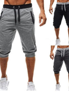 Mens Casual Slim Fit Color Block Jogging Pants Elastic Waist Five-Quarter Length Summer Youth Popular Daily Wear Solid Color