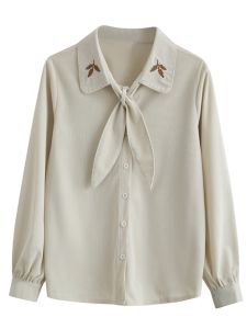 Rabbit Ears Bow Tie Corduroy Shirt Female 2023 New Arrival Long Sleeves Stylish Niche Top Retro White Shirt