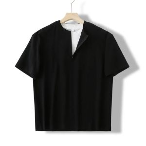 Loose Fit Mens Half Zip Short Sleeve T-Shirt Summer New Style Casual Youth Popular round Neck Standard Size Fashion Trend