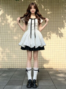 CHANGTONG | French Romantic Style Polka Dot Waist-Defining A-Line Short Dress