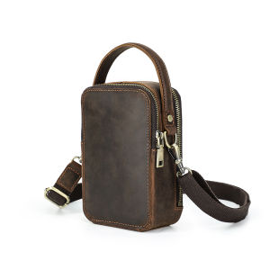 Genuine Leather Men Mini Sling Shoulder Bags Small Crossbody Messenger Bags 6.7 inch Phone Bags Portable Travel Slim Bags