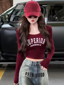 Spicy Girl Fashion U-Neck Letter Print Long Sleeve T-Shirt Short Style Jazz Dance Base Shirt Womens Top Sweet And Spicy Style