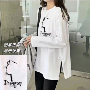 Spring & Fall Winter Dralon Bottoming Shirt Womens Fashion Velvet Padded Mid-Length Cotton Split White T-shirt Long Sleeve Loose Inner Wear