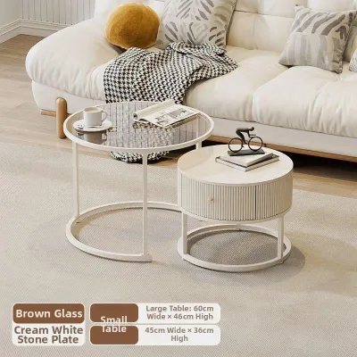 AYIJIE | Space-Saving Extendable Parent-Child Combination Cream Style Glass Rock Coffee Table