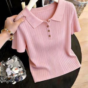 Pink Age-reducing Polo Knit Short Sleeve T-shirt Slimming