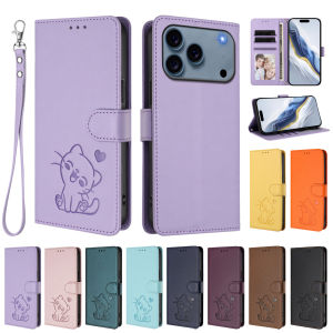 Dễ Thương Mèo Tim Dập Nổi Ví lật vỏ điện thoại Đối Với iPhone 18 Pro Max 17 16 15 14 đựng nhiều bằng da PU khe đựng thẻ Chân Đế Bìa Với có dây đeo cổ tay Chống Sốc Ốp bảo vệ Đối Với Phụ Nữ