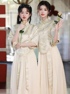 ชุดเจ้าสาวสไตล์จีน แขนยาว สีชมพูทอง ชุดราตรียาวสุดหรูหรา สำหรับผู้หญิง ฤดูใบไม้ร่วง/ฤดูหนาว ชุดราตรี ชุดเจ้าสาว