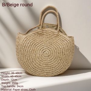 DaVee | Handmade woven straw bag bucket bag blue Stripes beach bag beige round straw bag top handle shopping bag tote shoulder bag