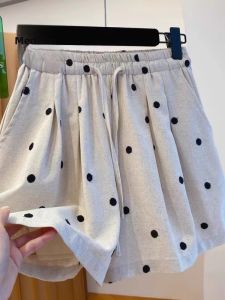 Summer Polka Dot Cotton Linen Shorts Womens Loose Waist Wide Leg Pants Comfortable Lightweight High Waist Commute Style