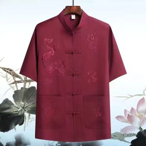 Summer Short Sleeve Embroidered Cotton Linen Mens Shirt Thin Ice Silk Cotton Linen Elderly Top Dads Clothing Ethnic Style