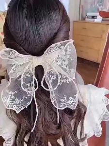 Korean Style Super Fairy Pearl Fringe Lace Bow French Barrette Clip Hair Accessories RB