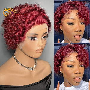 99J Wigs Human Hair Cheap Pixie Cut Wig 13X1 Transparent Lace Wig For Women Short Curly Human Hair Wig 180 Density