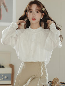 Womens Sweet Style Long Sleeve Shirt Wooden Edge Design Loose Fit Layering Top Spring Autumn New Arrival White Color