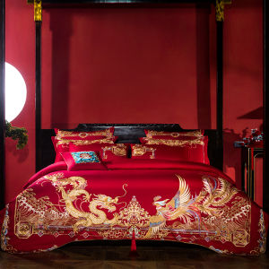 Wedding Bedding Set Red Cotton 10 Pieces