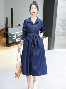 ชุดเดรสยีนส์เอวสูงแขนยาวผู้หญิงฤดูใบไม้ผลิและฤดูใบไม้ร่วงสไตล์เกาหลี กระโปรงทรงเอ แขนยาว กระโปรงยาวคลุมเข่า เอวสูง