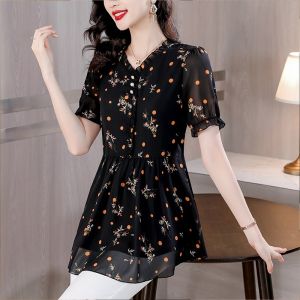 Ladieswear V Neck Print Chiffon Tops Belly Covering Summer New Arrival Short Sleeve Womens Waist Tight Western Style Slimming Skirt Hem Shirt