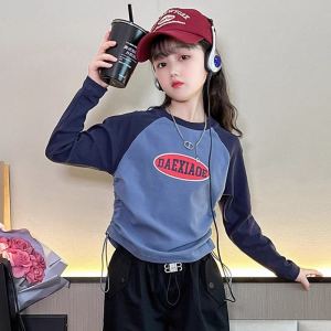 Girls Long Sleeve T-Shirt Autumn New Style Childrens Color Block Drawstring Top Base Shirt for Medium And Large Children