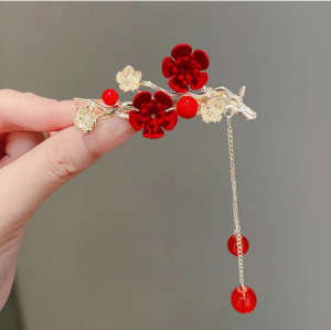Red Guofeng Fan Style Hair Clip Medium