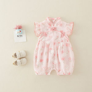 Princess Style Summer Outfit for Baby Girls Newborn Thin Romper Cotton Material Floral Pattern Short Sleeve Chinese Style Qipao