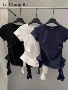 Áo Thun Nữ Tay Ngắn Cổ Tròn Màu Xanh Lam La Chapelle La Chapelle Mùa Hè Giảm Tuổi Tác Cảm Giác Cao Cấp Không Đều Viền Bèo Nhún