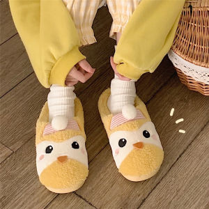 Cute Cartoon Bear Home Slippers Couples Bedroom Warm Plush Shoes Men Women Winter Color Collision Cotton Slippers
