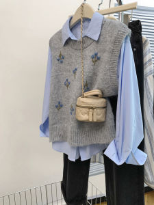 เสื้อกั๊กสีเทา ชุดเสื้อสเวตเตอร์แขนกุดแบบสวมใส่สองชิ้น สำหรับผู้หญิง ฤดูใบไม้ร่วง/ฤดูหนาว สไตล์เกาหลี เสื้อผ้าทำงาน เสื้อผ้าทำงาน