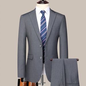 Mens 2024 Slim-fit Two-button Business Suit Professional Work Formal Two-piece Set Trousers Included S-6XL