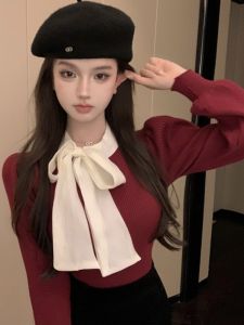 GUZILIAN | French Vintage Butterfly Knot Short Knitted Sweater Womens Autumn Winter Bubble Sleeve Inner Wear High End Feeling Top