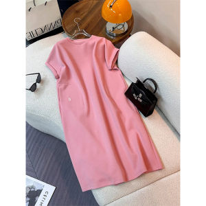 plus Size Casual Mid-Length T-Shirt Dress with Slit Loose Fit Thin Summer Short Sleeve Womens Clothing Korean Style round Neck