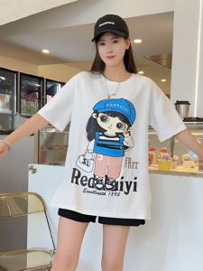 เสื้อยืดแฟชั่นฤดูร้อนสําหรับผู้หญิงหลวมพอดีผ้าฝ้ายพิมพ์กระเป๋าซิปคอกลมเปิดด้านหน้าสวมใส่ลําลองอเนกประสงค์