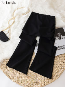 High Waist Flared Pants Womens Commuter Straight Casual Horse Hoof Pants Two-Piece Suit like Design Black Slimming Effect