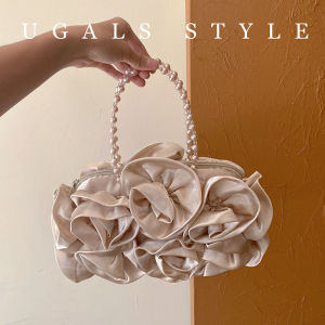 UGALS | Túi Xách Tay Trang Trí Bằng Hạt Đậu Lụa Satin Hoa Hồng Handmade Mới