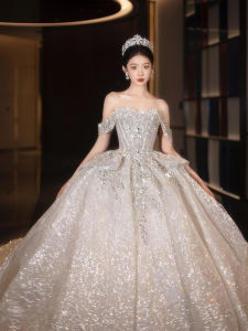 French Style Wedding Dress 2025 New One Shoulder Vintage High Quality Small Size Heavy Tail Large Size Train Bridal Gown