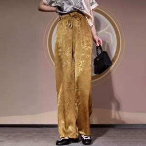 MEITESIJIAONU | National Style Jacquard High Waist Acetate Drape Lightweight Wide Leg Pants