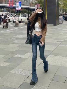 Deep Blue High Waist Stretchy Womens Jeans Long Version 175 Taller Size Micro Flared Horse Hoof Pants Autumn Slimming Effect