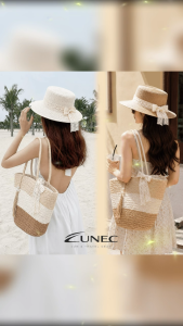 Combo Túi Mũ Cói Tua Ngọc Nơ Ren Cao Cấp Đi Biển Sang Chảnh Set Túi Cói Dây Kéo Vành Thẳng Form Đẹp