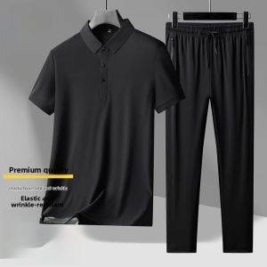 ROMON | Lormen Ice Silk Seamless Set Mens Summer Short Sleeve T-Shirt Polo Shirt Casual Pants Mid-aged Dad Two-piece Set