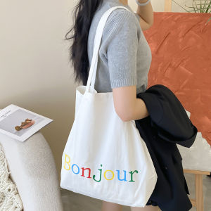 Korean INS Style Canvas Tote Bag Customizable Simple Colorful Large Capacity Shopping Bag Single Shoulder Bag for Youth