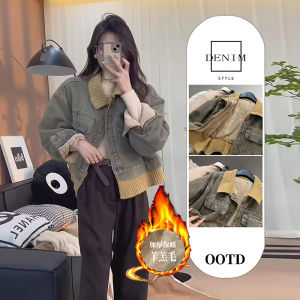 Áo Khoác Denim Dày Lót Lông Cừu Cho Nữ Mùa Thu Đông Ngắn Ấm Áp Cổ Bẻ Nút Dài Tay Áo Khoác Ngoài Thường Ngày Phong Cách Retro Mỹ