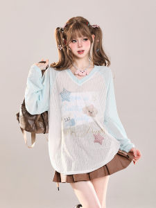 Adorable American Style Bear Shoulder V-neck Long Sleeve Womens Summer New Design Sensation Sun Protection Clothing Trendy