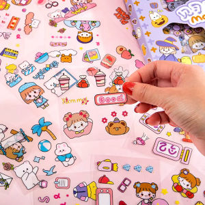 100pcs Kawaii Stickers Cute Cartoon PET Transparent Stationery Stickers No-Cutting Stickers Self-adhesive Decorative Scrapbook Gift Packs Set Kawaii Stickers DIY Diary Stickers