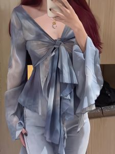 Plus Size Womens Blouse with Tie-Dye Gradient and Ruffle Details Slim Fit Long Sleeve V-Neck Work Shirt for Summer